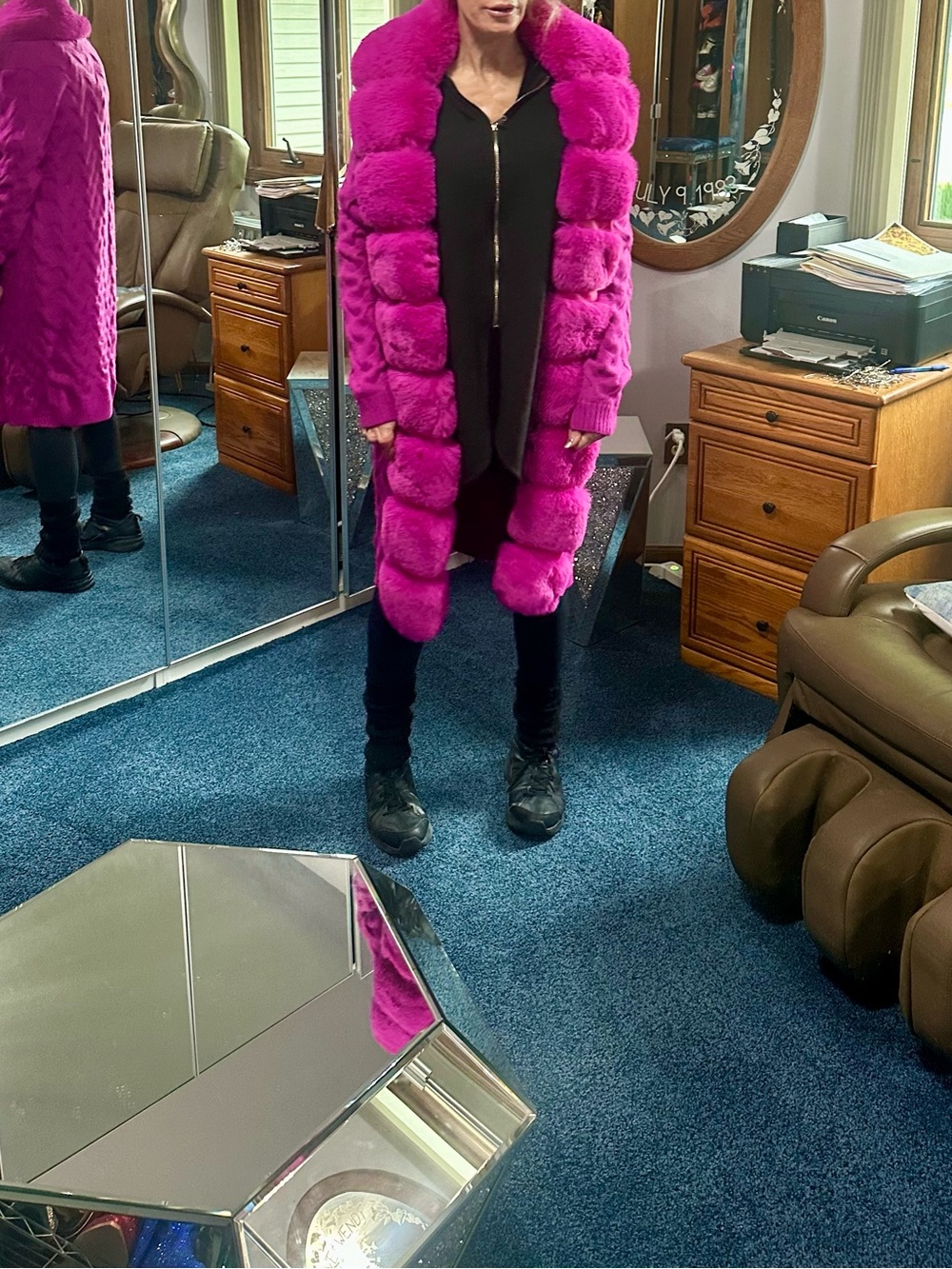AKIRA Bold Fuchsia faux fur Knit Cardigan with Plush Trim - Picture 12 of 13